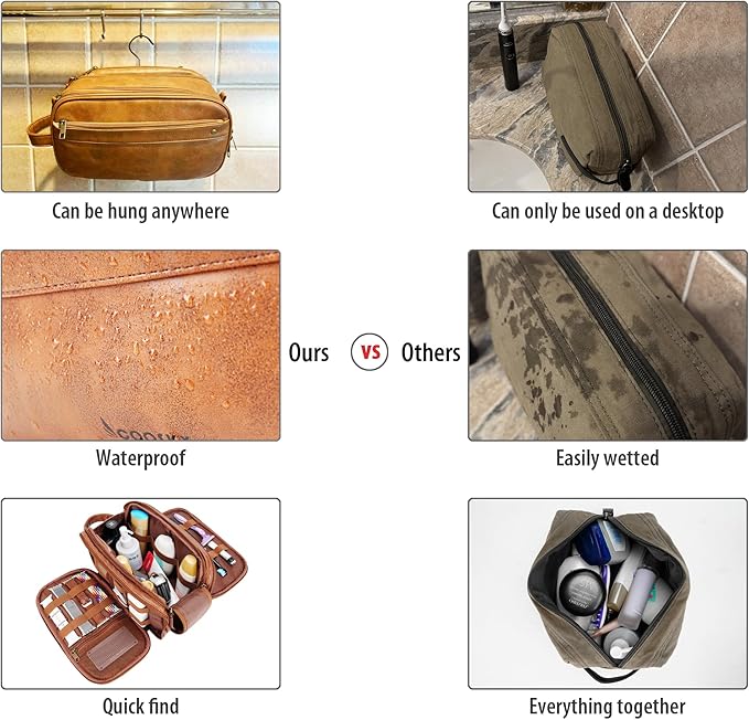 Travel Toiletry Bag for Men, Large Hanging Toiletries Organizer Bags for Women, Cruise Ship Essentials, Water-resistant Shaving Case, PU Leather Makeup Accessories, Cosmetic Dopp Kit, Brown