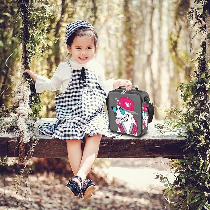 Grey Pink Dog Insulated Lunch Bag for Girls Boys Teen Funny Dog Reusable Lunch Box with Shoulder Strap Freezable Thermal Cooler Bag Meal Prep Boxs for School Travel Picnic Beach Lunch Pail