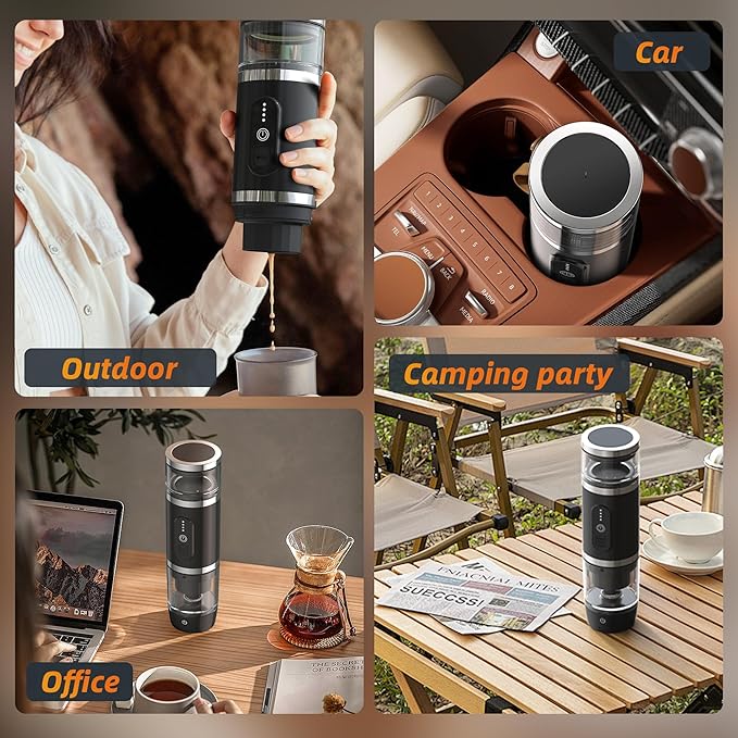 Hobsir Portable Electric Espresso Maker, Travel Coffee Machine for Camping, Car Coffee Maker with Frothing Base, USB-C, 3in1 Capsule, Portable Small Espresso Coffe Machine for RV, Hiking, Office Black