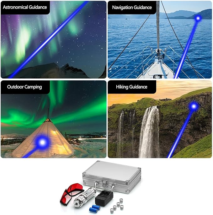 High Power Blue Flashlight, Long Range Powerful Blue Light, Rechargeable Flashlight with 5 Star-Cap for Camping, Hiking, Hunting, Fishing, Silver