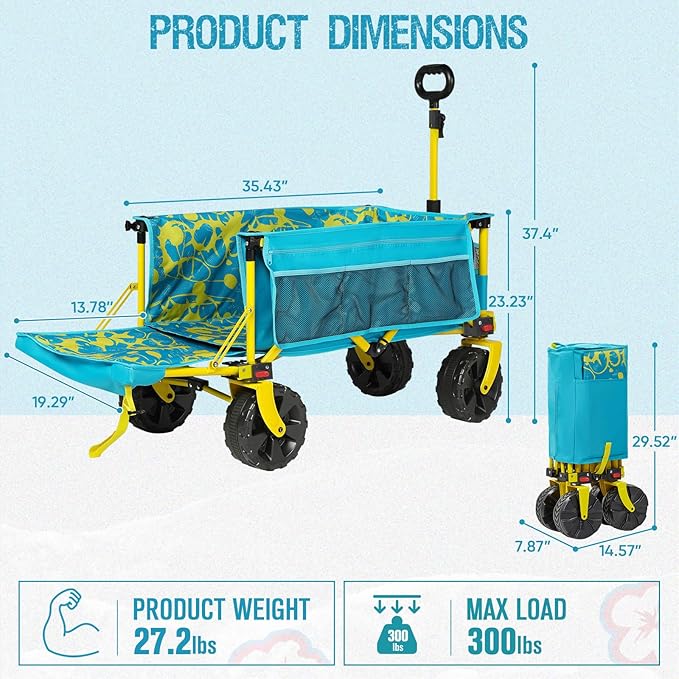 49 Inch Extra Long Beach Wagon with Big Wheels for Sand, Collapsible Utility Beach Cart Heavy Duty Folding Wagon,Ideal for Outdoor Sand Camping Garden Pet