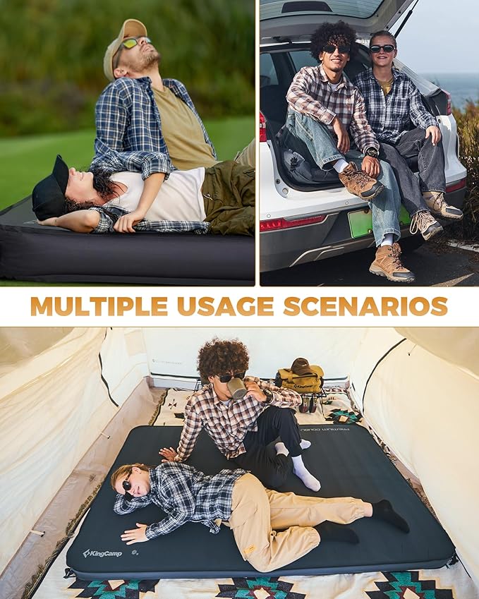 KingCamp Double Sleeping Pad, 2 Person Queen R 7.1/7.9 Self Inflating Sleeping Pad, 3" Ultra Thick Full Size Foam Mattress Mat for Outdoor Camping Tent Car, PVC Free (Grey)