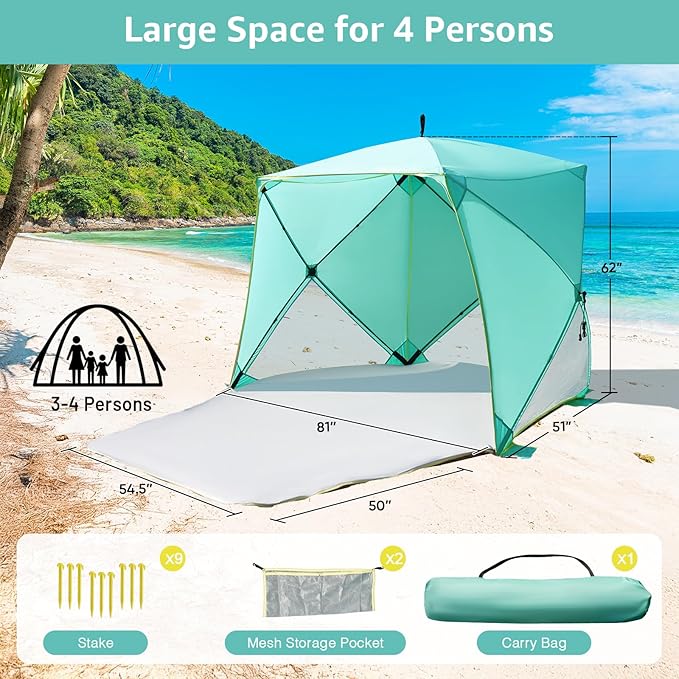 Pop Up Beach Tent, Portable Shade Sun Shelter UPF50+ UV Protection for 4 Person Extendable Floor for Fishing Hiking Camping, Waterproof Windproof(Mint Green