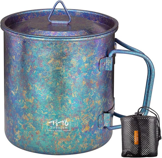 TiTo Titanium Cup Titanium Pot with Lid Ultralight Portable 450ml Foldable Handle Camping Tea Coffee Water Mug for Outdoor Backpacking Hiking Picnic Drinkware with Mesh Sack (Bright Blue)
