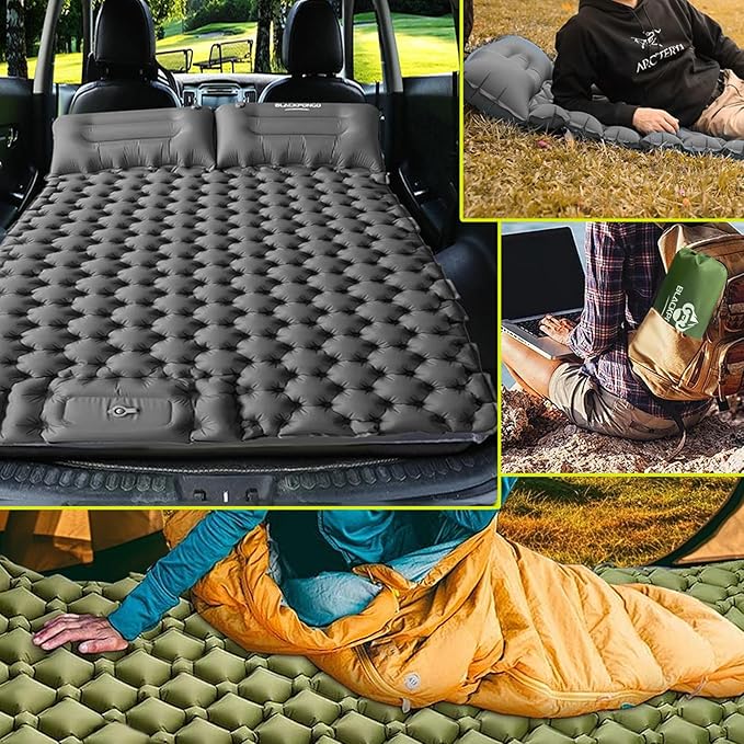 Camping Sleeping Pad, Ultralight Camping Mat with Pillow Built-in Foot Pump Inflatable Sleeping Pads Compact for Camping Backpacking Hiking Traveling Tent (Grey, Double)