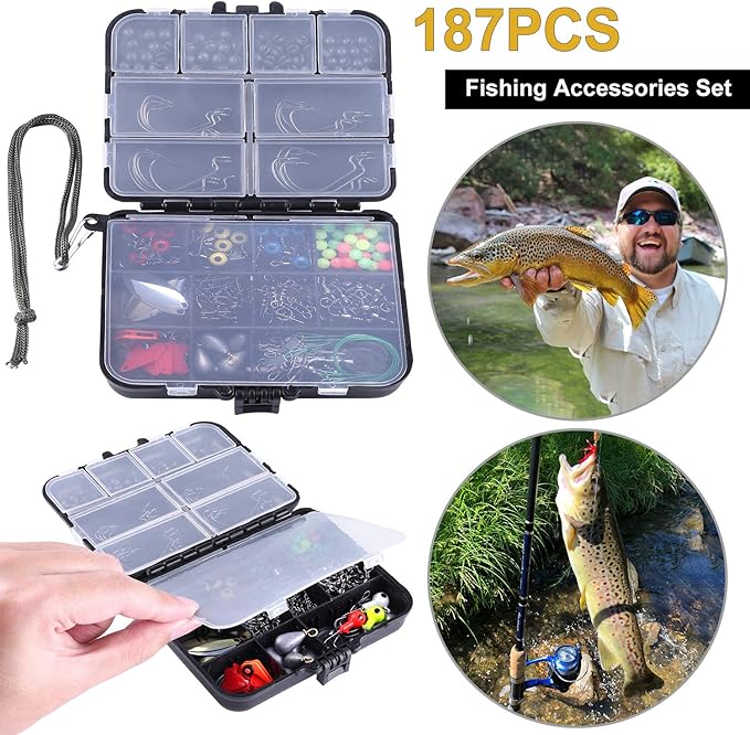 TOPFORT 187/343pcs Fishing Accessories Kit, Organized Fishing Tackle Box with Tackle Included, Fishing Hooks, Fishing Weights Sinkers, Fishing Gear and Equipment, Fishing Gift for Men