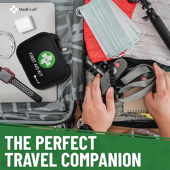 Travel Size 120 Piece First Aid Kit for Camping, Hiking, Boating, or Car- Perfect for Dorm Room Essentials, Boat Accessories, Camping Essentials, Survival Gear and Supplies, Emergency Supplies