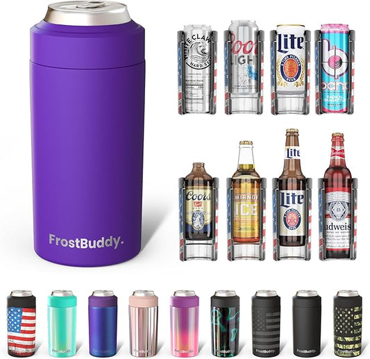 Frost Buddy Universal Buddy Can Cooler - Fits All - For Regular 12 & 16 oz or Slim-Size Bottles - Insulated Double-Walled Stainless Steel (Purple)