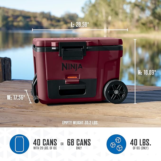 Ninja | Cooler | FrostVault 45QT Cooler with Wheels | Insulated with Temp Dry Storage Drawer | Keeps Ice Cold for Days | for The Beach, Camping, Picnics & More | Canyon Red | FB245MR