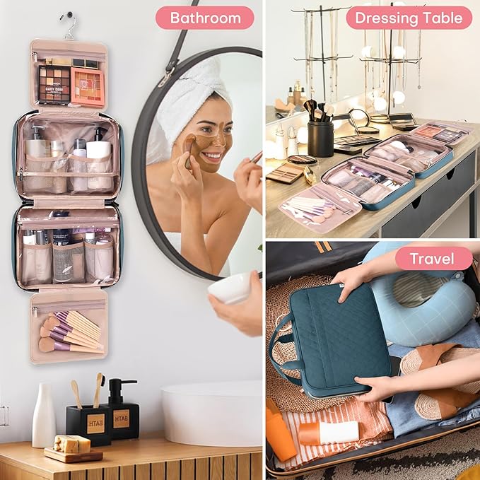 Travel Size Toiletry Bag for Women, Portable Cosmetic Bag with Hanging Hook, Travel Essentials Water-resistant Makeup Organizer for Accessories, Shampoo, Full-size Container, Toiletries