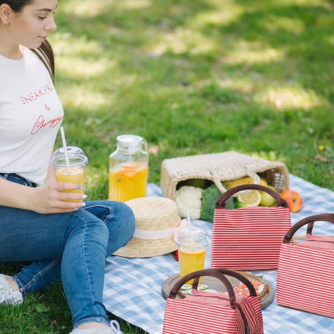 Nuogo 12 Pieces Insulated Lunch Bag Reusable Box Thermal Lunch Leakproof Tote Bag for Women Men Office Work Picnic Beach Fishing (Red)