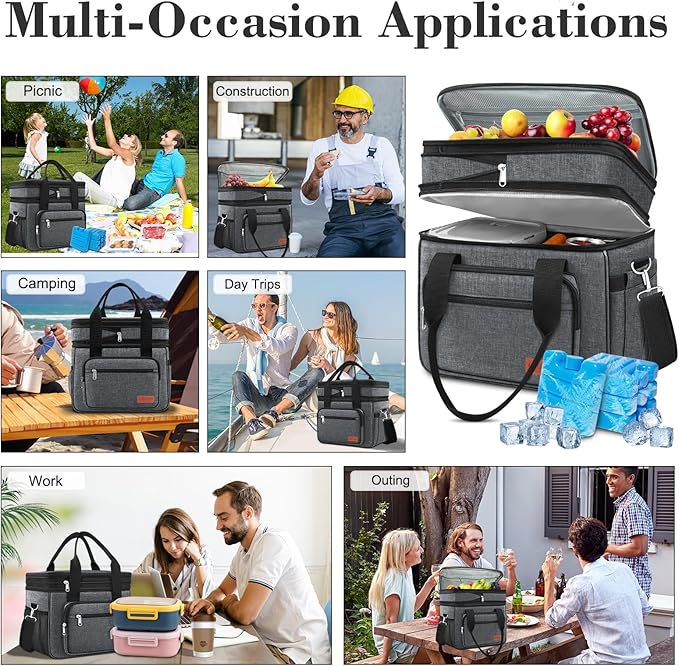 23L Extra Large Expandable Insulated Cooler Lunch Box for Men Double Deck Leakproof Heavy Duty Lunch Bag with 4 Ice Packs&2 Snack Bags for Adult/Construction/Women/Work/Picnic/Camping - Dark Gray