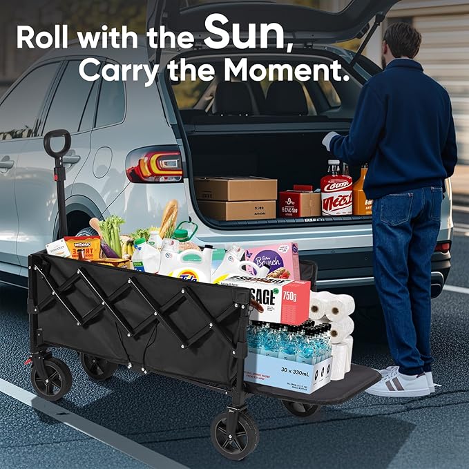 Collapsible Wagon Cart 226.8L - Extra Long Utility Foldable Wagon with Tailgate, Brakes, Anti-Rebounding Handler & 2 Cup Holders, for Groceries, Camping, Shopping, Garden - Sekey& Sunula Black
