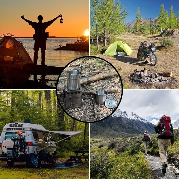 BeGrit Camping Cups Mugs Stainless Steel Camping Pot Food Grade Metal Camping Cookware with Folding Spoon, Vented Lids