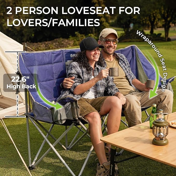 FUNDANGO Oversized Double Camping Chair, 2 Person Folding Padded Loveseat for Adults,660lbs Heavy Duty Chair with Arm Cup Holder for Outdoor Patio Lawn Camp with Carry Bag (Blue)