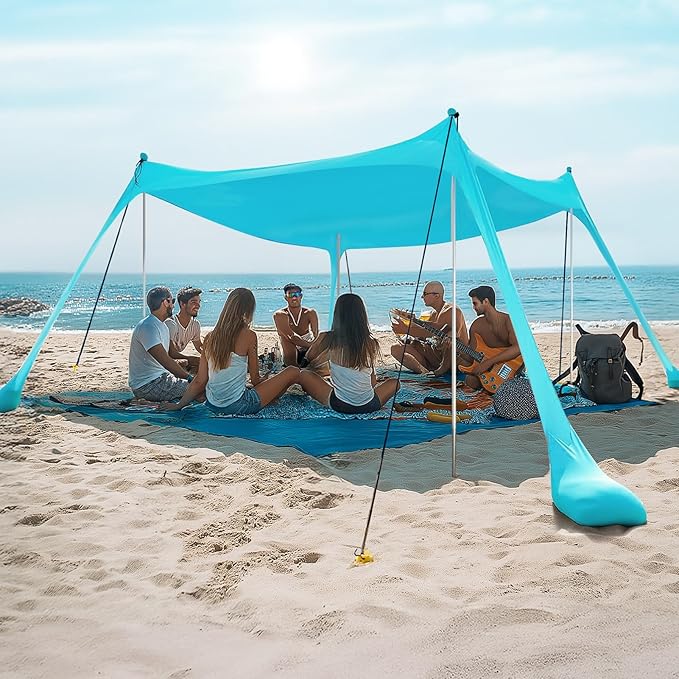Beach Tent Sun Shelter 10 x 10FT with 8 Sandbags, UPF 50+ Protection Beach Shade Canopy, Eazy Up Portable Canopy Tent for Sun, Camping, Fishing, Backyard