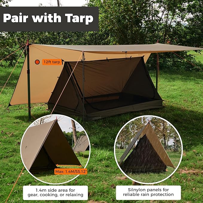 onewind Mesh Tent for 2 Person, 2 Openings Inner Tent for Tarp Ultralight Trekking Pole Tent Tarp Backpacking Netting Tent with Waterproof Bathtub Floor, No Trekking Pole Included