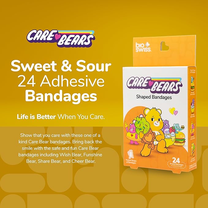 BioSwiss Care Bears Bandages, Sweet and Sour Care Bear Shaped Self Adhesive Bandage, Latex Free Sterile Wound Care, Fun First Aid Kit Supplies for Kids, 24 Count