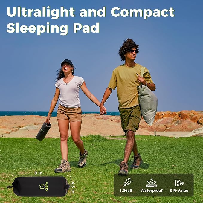 ATEPA Backpacking Sleeping Pad, 6 R-Value Insulated Ultralight Inflatable Sleeping Pad Thick Folding Camping Mattress with 7 Layers & Storage Bag for Camping Backpacking, Wide Long Size (72"x25")