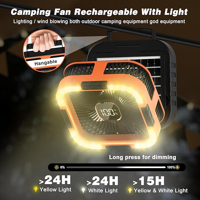 Solar Camping Fan Rechargeable 10000mAh Battery Operated Tent Fan with LED Lantern,120°Head Rotation, LED Screen,Timer, 6 Speed Solar Powered for Outdoor Travel Beach Home
