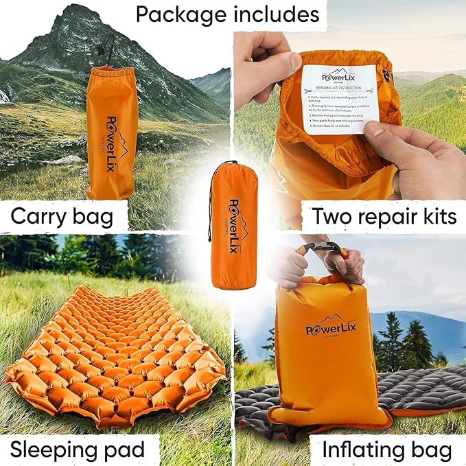 POWERLIX Ultralight Inflatable Camping Sleeping Pad - Camping Mattress for Backpacking, Hiking, Compact Lightweight Air Pad for Camping, Inflation Hand Pump Bag/Repair Kit Included