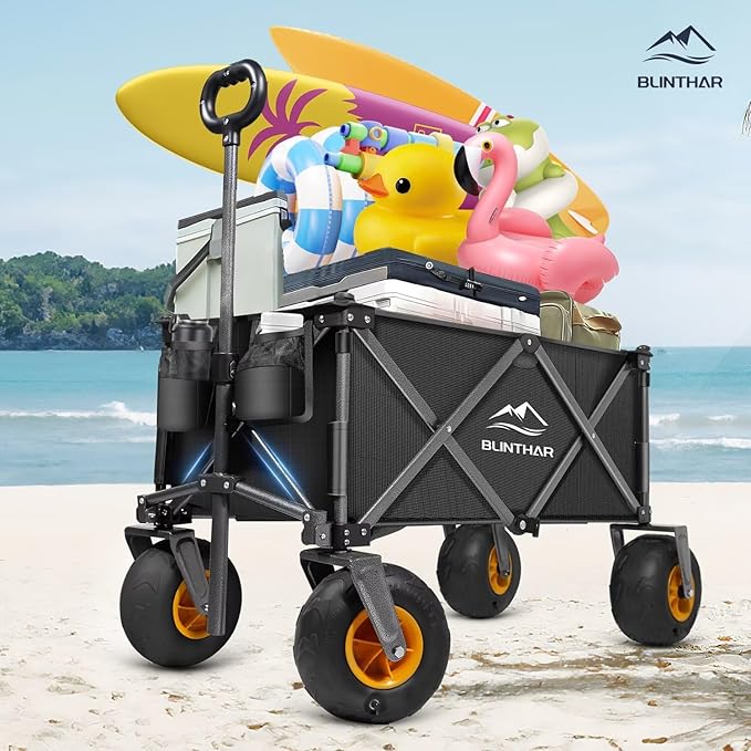 Beach Wagon, Heavy Duty Collapsible Folding Wagon with All-Terrain 9" Pneumatic Tires & Drink Holders, Utility Grocery Wagon for Garden Sports Camping Outdoor Activities