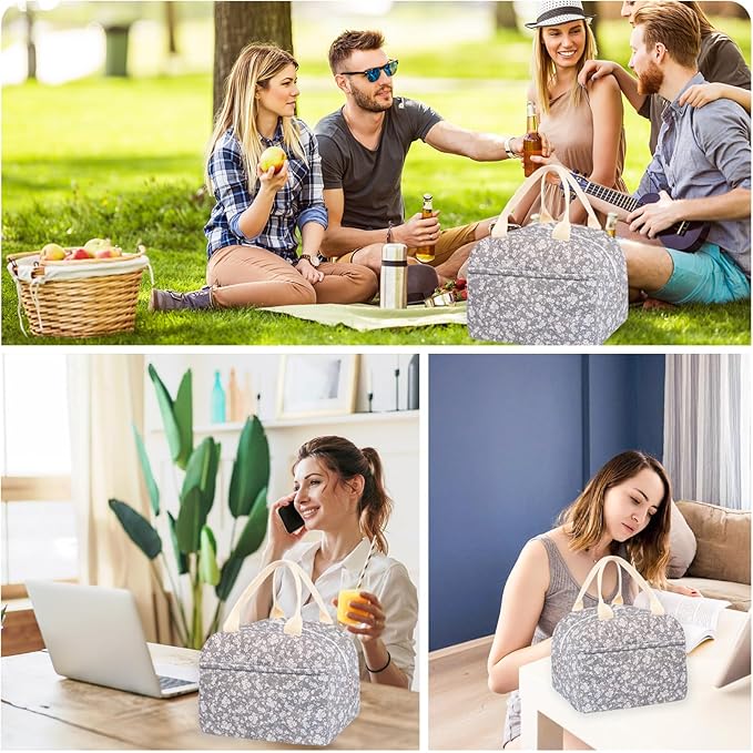 Cotton Quilted Insulated Lunch Bag, Cute Quilted Floral Lunch Tote Bags Reusable Insulated Lunch Box Coquette Aesthetic Large Capacity Insulated Cooler for Women Men Work Travel Picnic (Grey)