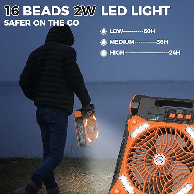 MORECORE 10000mAh 11inch Solar Camping Fan with Dual Charging, 4 Speeds & 3 Light Levels, 36H Run Time, Timer & 90° Adjustable, Portable Quiet Desk Fan for Hiking, Hurricane, Outages, Fishing-Orange