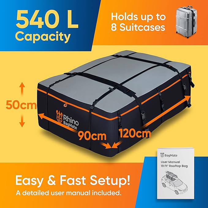 Military-Grade Waterproof Roof Bag - Rooftop Cargo Carrier – 19 Cubic Feet. (540L) with 4 Door Hooks, Zipper/Buckle Closure, Extra Strap – Black Roof Bag for Cars with or Without Rack