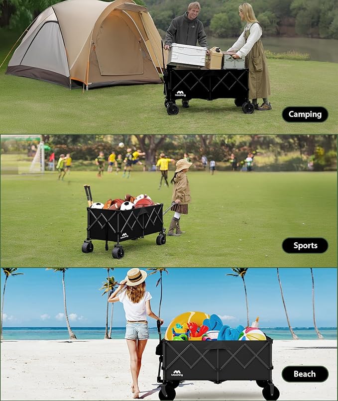 48โL Foldable Wagons Carts Extended, Collapsible Folding Wagon 500lbs Heavy Duty, 400L Large Beach Wagon, Utility Wagon with All Terrain Big Wheels for Sports, Camping, Grocery, Garden, Black