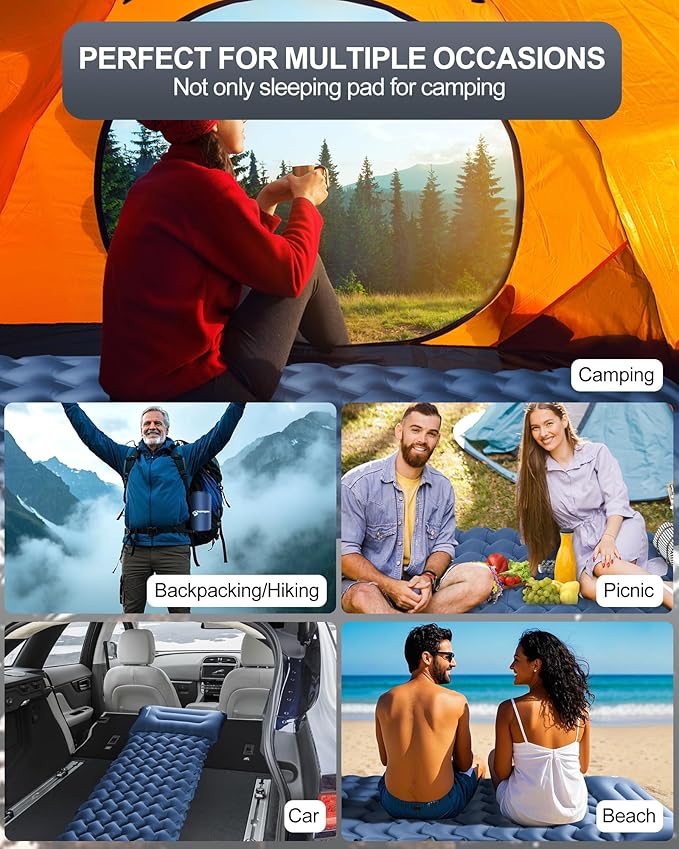 Inflatable Camping Sleeping Pad with Pillow & Foot Pump, 3"x79"x26" Single Camping Air Mattress, Compact Roll-Up, Quick-Dry & Durable Sleeping Mat for Backpacking, Hiking, Tent, Travel – Blue