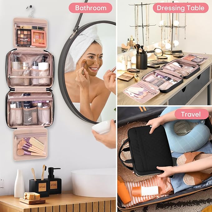 Travel Size Toiletry Bag for Women, Portable Cosmetic Bag with Hanging Hook, Travel Essentials Water-resistant Makeup Organizer for Accessories, Shampoo, Full-size Container, Toiletries