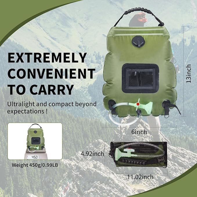 Solar Portable Shower Bag, 5 Gal/20L Solar Heating Camping Shower Bag with Removable Hose&On-Off Switchable Shower Head, Compact Camping Shower for Camping, Hiking, Traveling, Beach Swimming