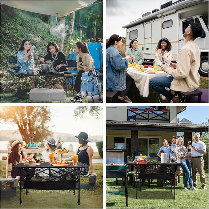 Folding Camping Table, Outdoor Roll-up Table Height Adjustable & Portable Metal Camp Grill Table for Picnic, BBQ, Party, Backyard, Beach, Mesh Storage and Carry Bag (Ash Black, 37.4'' Large)