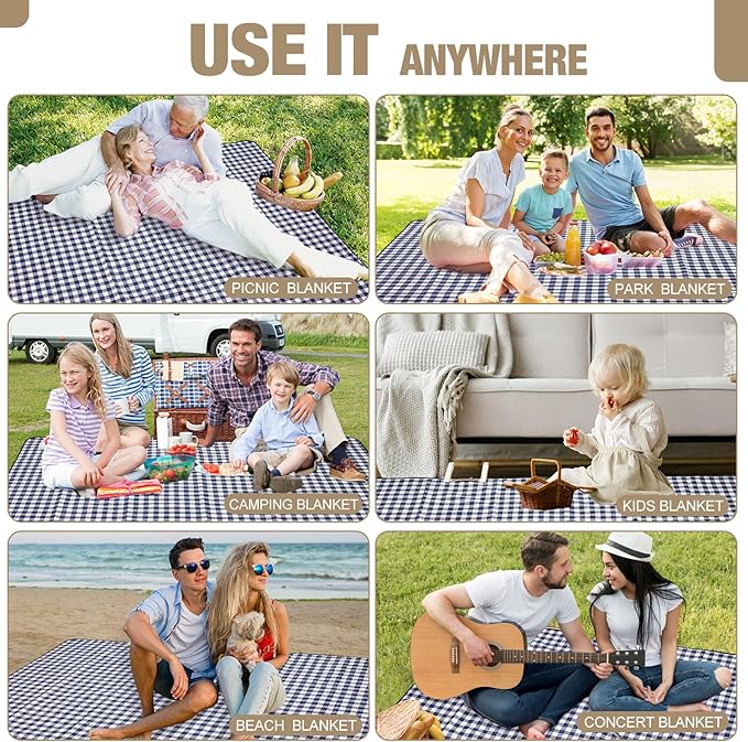 G GOOD GAIN Picnic Blankets Outdoor Extra Large - 80"x80" Portable Waterproof Picnic Blanket, Machine Washable 3-Layer Foldable Park Mat with Sandproof Backing for Grass, Hiking, Travel (Blue)