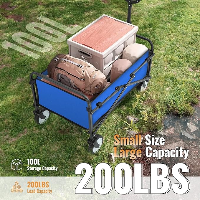 LUXCOL Wagon Cart Foldable, Collapsible Folding Wagon with All-Terrain Wheels & Adjustable Handle, Portable Heavy Duty 200LBS Weight Capacity for Grocery Shopping, Sport, Camping, Garden, Outdoor Use