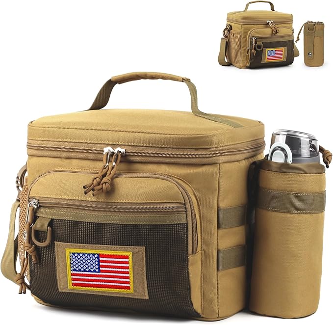 Tactical Reusable Lunch Bag for Men/Women - Insulated Lunch Box Leakproof Lunch Pail Freezable with Adjustable Shoulder Strap,Lunch Cooler Bag for Work Office Picnic Beach,Brown