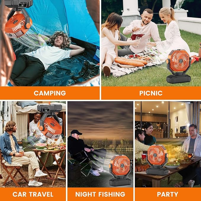 Camping Misting Fan Rechargeable - 20000mAh Portable Mist Fan For Tents With LED Lantern Light, Auto Oscillating With Remote For Outdoor, Battery Operated With Timer 5 Speeds(Orange)