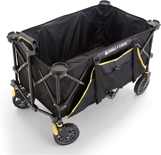Gorilla Carts Collapsible Folding Utility Wagon Cart w/Oversized Bed, 7 Cu Ft, Black - 150 lb Capacity Outdoor Wheelbarrow w/Zipper Pockets & Built-in Cup Holders for Beach, Camping & Picnic