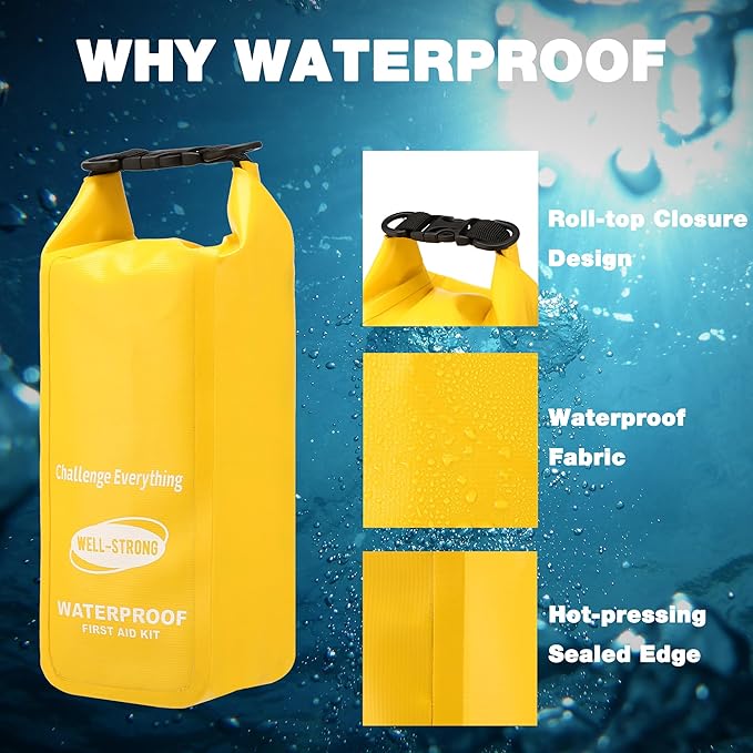 Waterproof First Aid Kit Roll Top Boat Emergency Kit with Waterproof Contents for Fishing Kayaking Boating Swimming Camping Rafting Beach Yellow