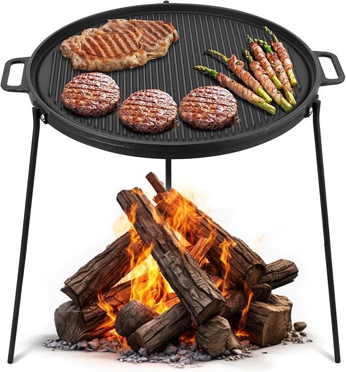 Onlyfire 18" Campfire Grill Griddle, Double Sided Reversible Portable Campfire Grill, Cast Iron Camping Griddle with Handles, 3 Removable & Height Adjustable Legs, Perfect for Grills and Outdoor BBQ