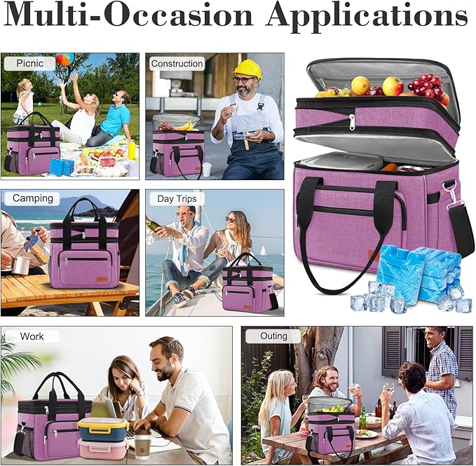 23L Extra Large Expandable Insulated Cooler Lunch Box for Men Double Deck Leakproof Heavy Duty Lunch Bag with 4 Ice Packs&2 Snack Bags for Adult/Construction/Women/Work/Picnic/Camping - Purple