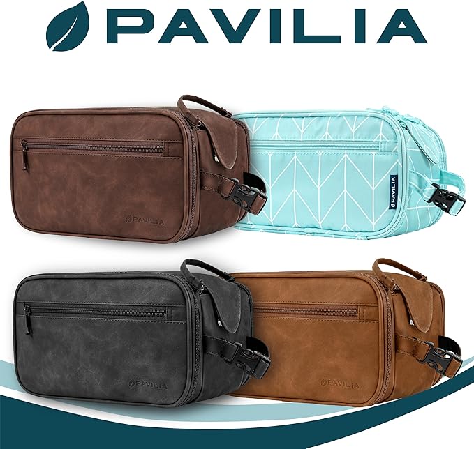 PAVILIA Toiletry Bag for Men Women, Mens Travel Bag Toiletries Organizer Case for Grooming, Travel Essentials Shaving Dopp Kit, PU Leather Water Resistant Cosmetic Pouch, Black