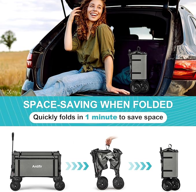 Collapsible Wagon Carts,Folding Wagon Cart with All Terrain Wheels,Heavy Duty Garden Carts with Adjustable Handle,Outdoor Utility Wagon for Camping Shopping Sports Fishing (Gray)