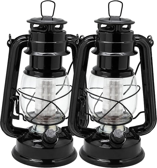 YAKii LED Vintage Metal Hanging Hurricane Lantern - 12 LED Dimmer Switch, Cold White, Battery Operated for Power Outage, Indoor Camping, Outdoor Brooklyn Lighting (Black 2 Pack)