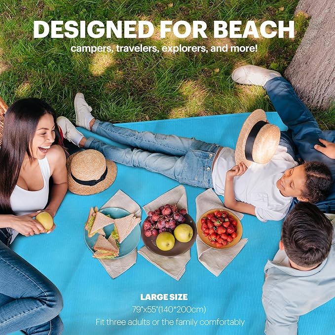 Beach Blanket Sandproof Waterproof, Beach Essentials Extra Large Beach Mat, 79" X 55" Oversized Durable Outdoor Picnic Mat Storage Bag for 1-4 Adults, Beach Accessories for Travel, Camping, Hiking
