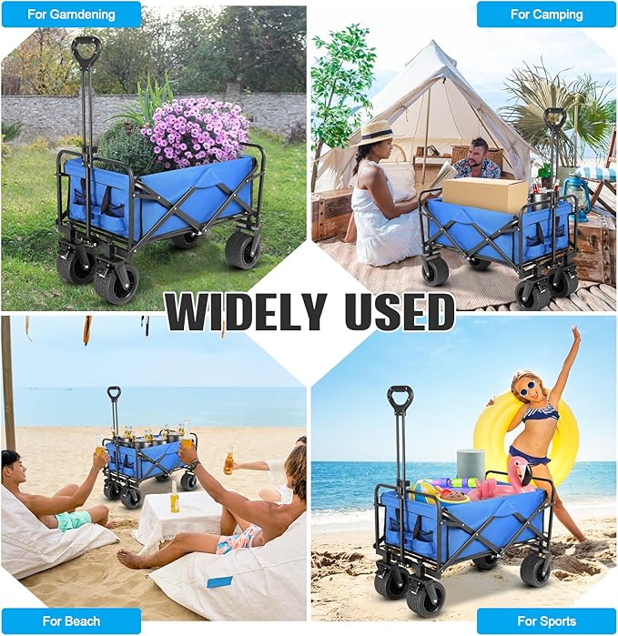 Beach Wagon,Collapsible Foldable Wagon Cart with Big Wheels,Utility Folding Grocery Lounge All Terrain Wagon with Side Pocket and Brakes for Sand Camping Sports Outdoor(Blue).