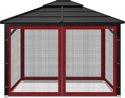 Gazebo Replacement Mosquito Netting Outdoor Universal Gazebo Canopy 4-Panels Screen Sidewalls with Zipper for Patio Garden (Red, 10x10)