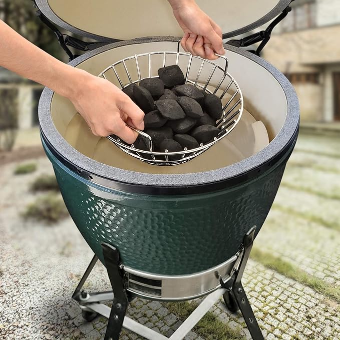 onlyfire Medium Charcoal Ash Basket Fits Big Green Egg, Stainless Steel Charcoal Holder with Handles, Grilling Accessories for Better Airflow