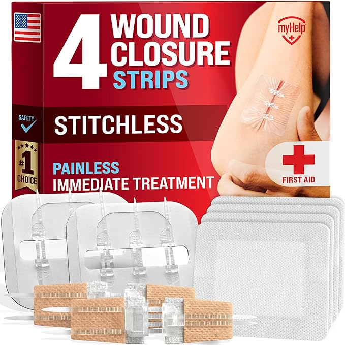 Emergency Wound Closure Strips - 4pk - 2 Types Laceration Closure Kit - Stitchless & Easy to Use - Butterfly Bandages